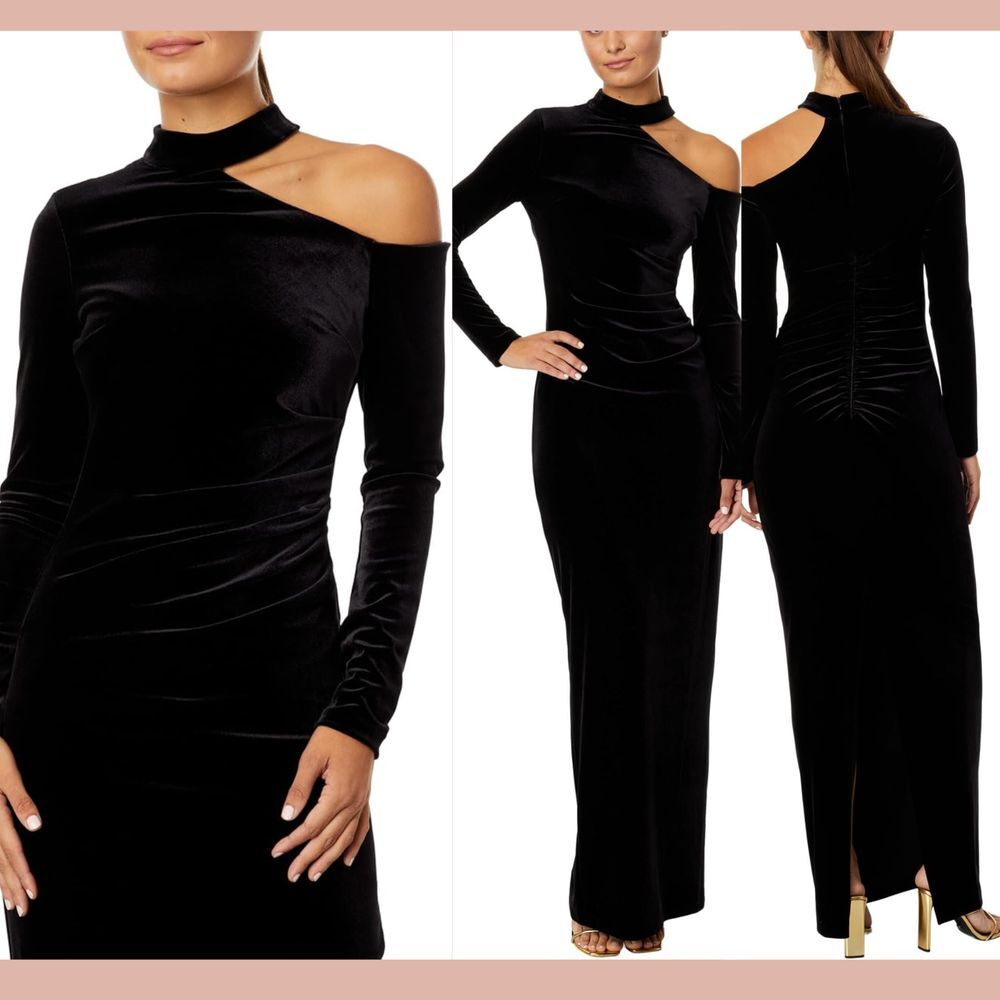 NWT $218 Xscape [ 2 ]‎ Velvet Cold Shoulder Long Sleeve Gown Black #Q1111